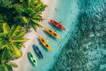 Poster - Tropical Island with Palm Trees and Kayaks