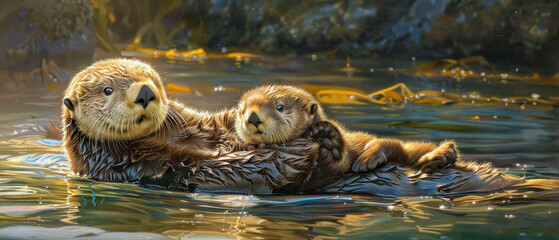 Poster - Sea otter with baby