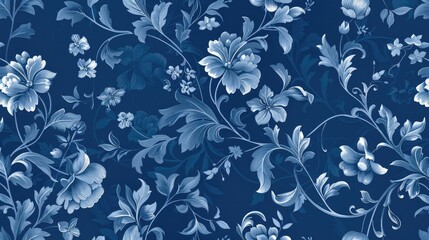 A blue background is beautifully adorned with a seamless floral pattern in this wallpaper design