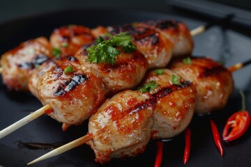 Wall Mural - succulent grilled chicken skewers garnished with fresh herbs