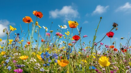 Wall Mural - spring meadow filled with wildflowers under a clear blue sky 