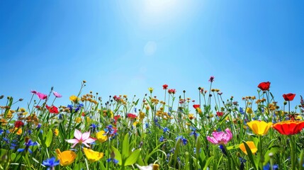 Wall Mural - spring meadow filled with wildflowers under a clear blue sky 