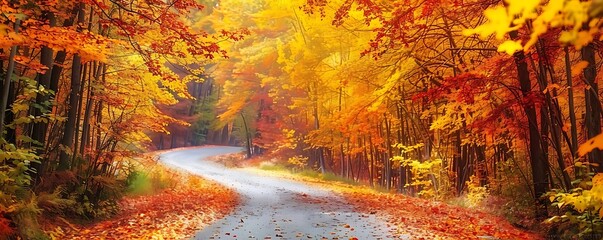 Sticker - scenic autumn road through colorful forest with brown, orange, and red trees