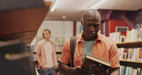 Poster - Black man, book and student in library to search at university, college or school campus for education. Bookshelf, learning or person with scholarship studying knowledge, research and information