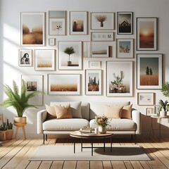 Wall Mural - A living room style interior set design with a mockup poster empty white and with a couch and pictures on the wall Vibrant Vibrant.