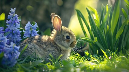 Wall Mural - A tiny fluffy bunny rests by the verdant lawn and fragrant hyacinth