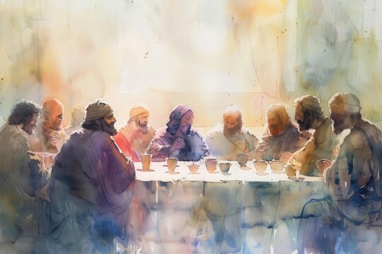 watercolor illustration depicting the last supper jesus with disciples on maundy thursday evocative new testament scene