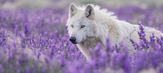 Wall Mural - white where wolf in lavender field