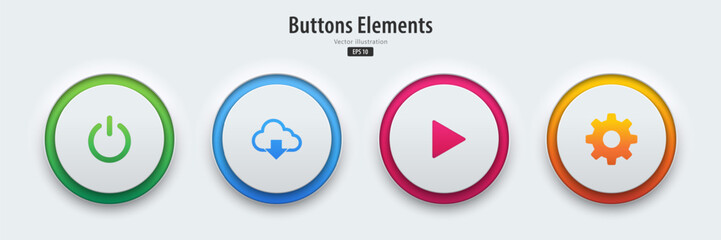 Aufkleber - A set of white buttons have neon lights with power, play, download and setting symbols. 3D icon in trendy neumorphic style for apps, websites, interfaces. UI UX elements. Vector illustration.