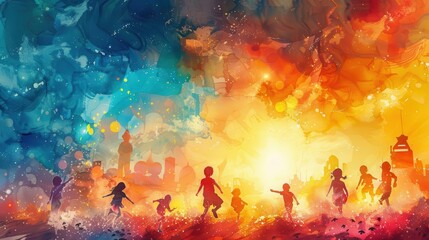 Watercolor scene of children from around the world playing together under a digital sky, vibrant and joyful atmosphere