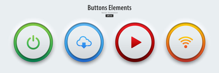 Aufkleber - A set of white buttons have neon lights with power, play, download and Wireless symbols. 3D icon in trendy neumorphic style for apps, websites, interfaces. UI UX elements. Vector illustration.