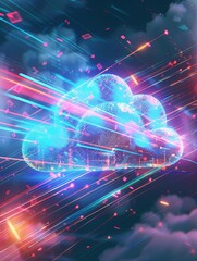 Fototapete - An abstract digital artwork depicting cloud computing with data processing and AI operations in the cloud. Generative AI