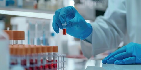 Wall Mural - A medical professional wearing a lab coat and blue gloves is holding a tube of blood for testing or analysis