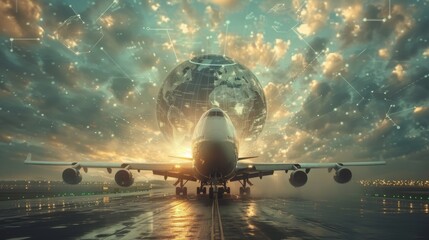 Wall Mural - cargo plane is taxiing on the runway at sunset with a digital world map in the background