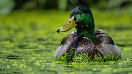 Poster - Male mallard duck covered in fresh green duckweed in water with a variegated appearance against a natural backdrop