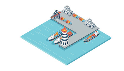 Marine terminal with cargo ships and cargo crane freight forwarding services vector illustration isometric design