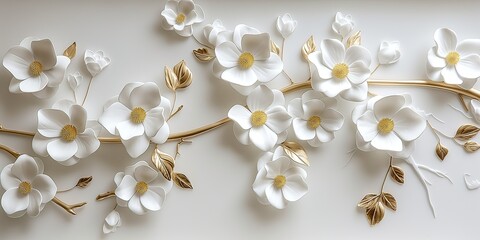 Wall Mural - White flowers with golden leaves on white background. White and golden luxury 3d floral background