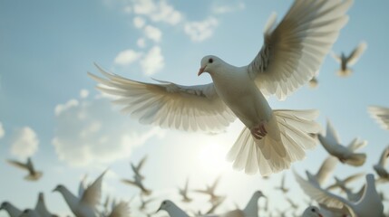 Wall Mural - A group of white birds soar through the sky, their wings beating in unison