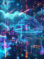 Fototapete - An abstract visualization of a cloud computing network with data processing and AI operations represented by glowing digital elements. Generative AI