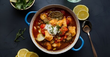 Wall Mural - traditional portuguese stew, the Cozido à Portuguesa, The base of this dish is beef, pork, chicken, chorizo, black pudding, Portuguese cabbage, kale, carrot, potatoes and turnips. - 1