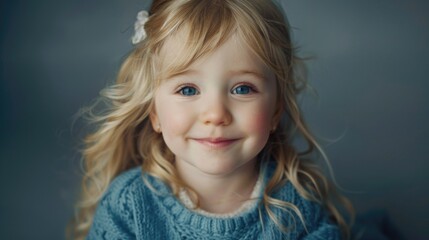 Canvas Print - A young girl with blonde hair and blue eyes, smiling or looking directly at the camera