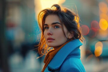 Wall Mural - A woman wearing a blue coat looks away from the camera, her expression neutral