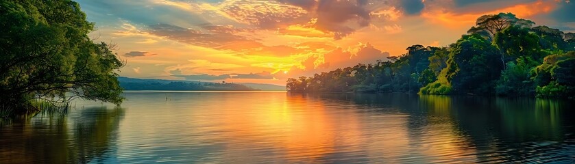 Wall Mural - sunset over a tranquil lake surrounded by lush green trees