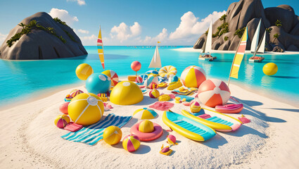 Wall Mural - a minimalist beach style, situated on a picturesque islet surrounded by crystal clear turquoise waters and powdery white sand, packed with vibrant beach elements such as colorful beach balls, inflatab