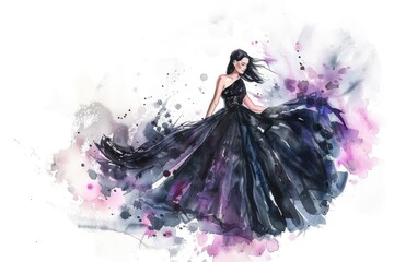 Wall Mural - A watercolor painting of a woman wearing a black dress, simple and elegant