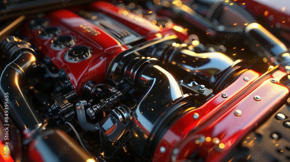 Design a close-up of a car's engine bay, showcasing the powerful ...