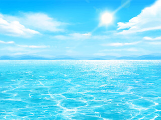Summer sea and shining sun - beautiful summer beach frame illustration of blue sky and sea with clouds.