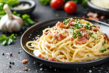 Wall Mural - Italian dish featuring long pasta strands topped with crispy bacon and melted parmesan cheese