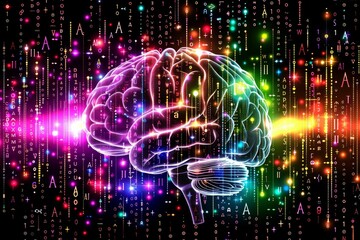 Sticker - Vibrant neon lit human brain, floating in space, symbolizing the fusion of art and science in AI research