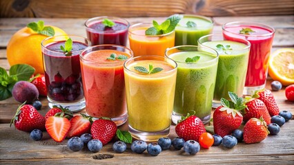 Wall Mural - Colorful array of fresh fruit smoothies ideal for healthy lifestyle and diet concepts, fresh, fruit, smoothies, colorful
