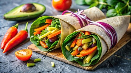 Wholesome garden medley A vibrant array of veggie wraps bursting with carrots, spinach, and avocado , healthy, fresh