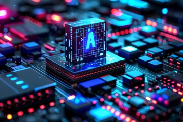 Sticker - Neon lit AI core processing unit on a circuit board, representing the heart of modern computing technology