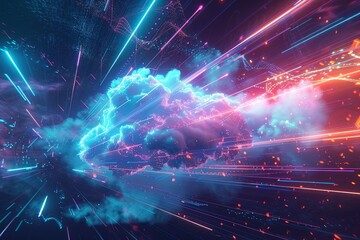 Fototapete - An abstract visualization depicting cloud computing, data processing, and AI operations within a digital cloud. Generative AI