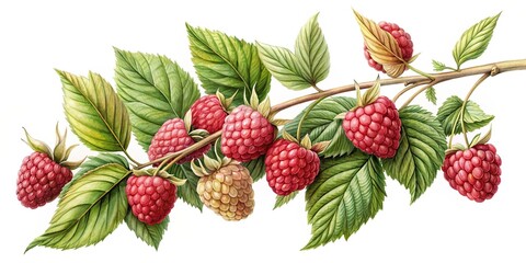 Wall Mural - Vintage botanical of raspberries on branch with leaves, isolated on white background, botanical, vintage,raspberries