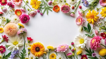 Wall Mural - Flowers frame on white background. Top view, flowers, frame, decorative, petals, beautiful, arrangement, design