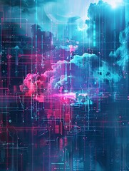 Fototapete - A digitally generated abstract artwork depicting cloud computing with data processing and AI operations in the cloud. Generative AI