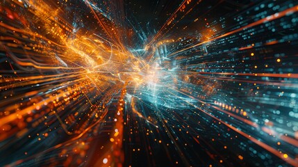 Fototapete - An intricate and dynamic abstract visualization of big data, featuring massive information streams, complex graphs, and digital interfaces representing AI data processing. Generative AI