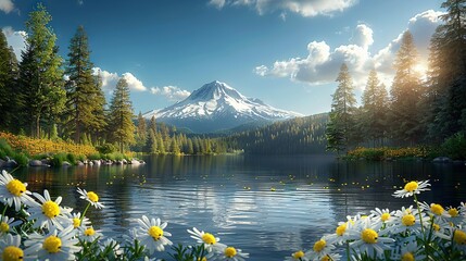   A painting depicts a mountain with a lake in front and flowers in the foreground