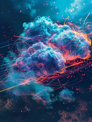 Fototapete - An abstract visualization of cloud computing, featuring digital elements representing data processing and AI operations within the cloud. Generative AI