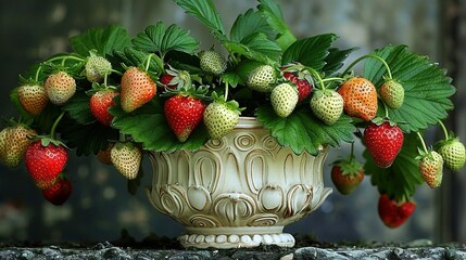 Wall Mural -   A vase brimming with succulent strawberries rests atop a weathered stone table, nestled beside an emerald foliage plant