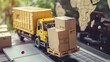 © Nicat - Logistics and supply chain: a forklift moves a pallet of boxes. A laptop shows a van, symbolizing global product distribution in the e-commerce age.