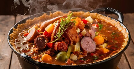 traditional portuguese stew, the Cozido à Portuguesa, The base of this dish is beef, pork, chicken, chorizo, black pudding, Portuguese cabbage, kale, carrot, potatoes and turnips. - 1