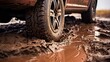 © ds17 - The car got stuck in wet mud. Close-up of a car wheel in the mud. Off-road after rain