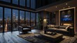 © arpln - Hyper realistic ultra modern studio apartment, living room, tv, couch, fireplace, New York City, At night, raining outside, interior view, 2 story, black accents, rain