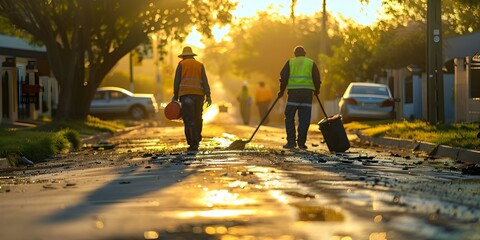 Wall Mural - Dedicated Municipal Workers Ensuring Clean Streets in the Community. Concept Community Cleanup, Municipal Workers, Public Sanitation, Street Maintenance, Community Service