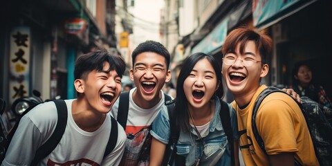 Wall Mural - Asian teenagers in China laugh in the street with their mouths turned up scene